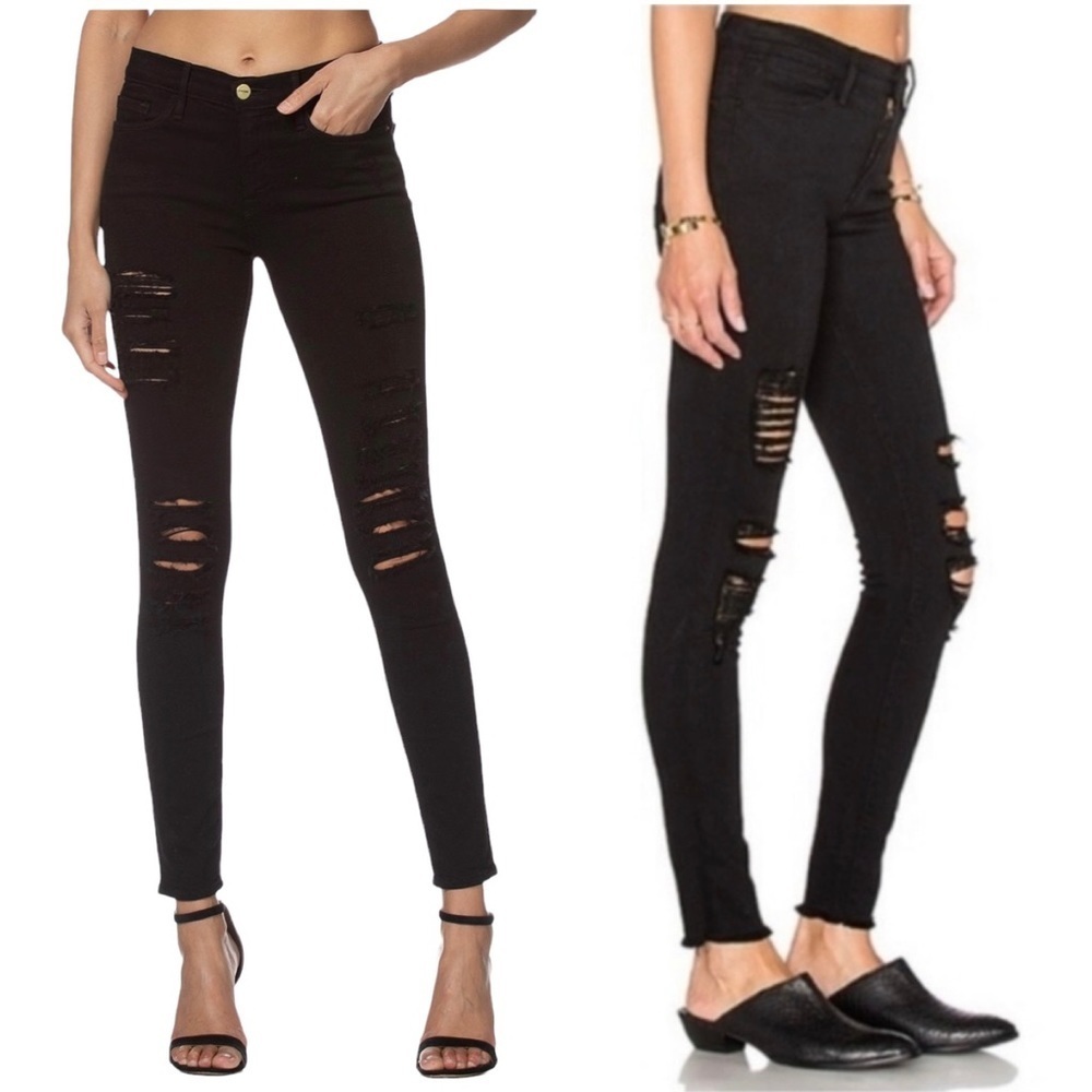 Frame Denim Le Skinny De Jeanne In Film Noir Destroyed thrashed black Jeans